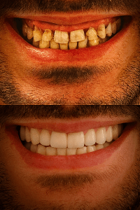 Pre: tetracycline staining, opaque enamel; Post: masked discoloration, lifelike shade gradient